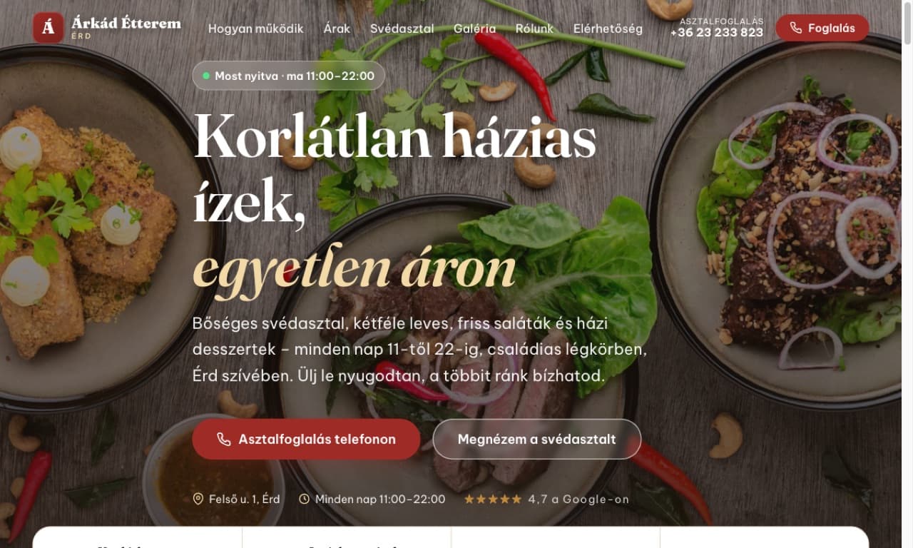 Árkád Étterem — weboldal